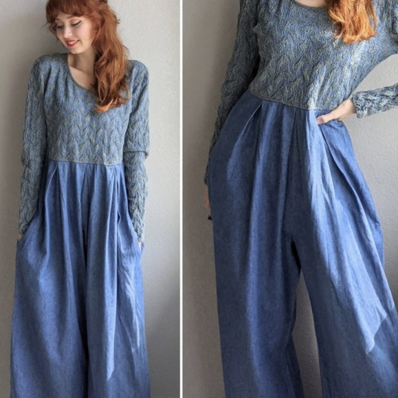 Cache Pants - Vintage 90s Cache Blue Denim Jumpsuit L/XL